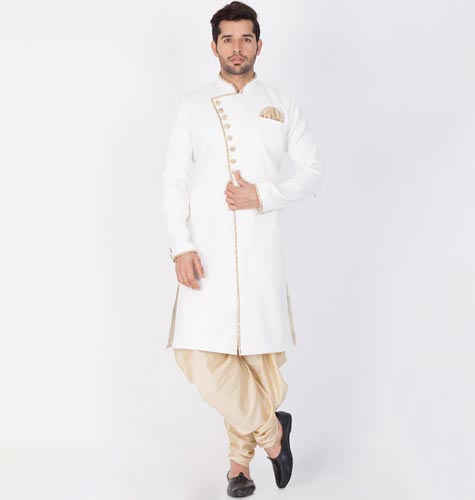 Men White & Gold-Coloured Solid Slim-Fit Sherwani Set